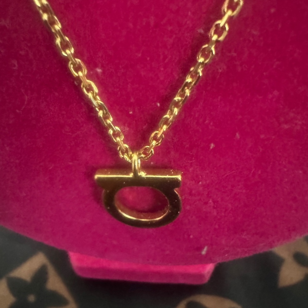 Salvatore Ferragamo Gold-Tone Gancini Pendant Necklace on Chain - Pink Accent